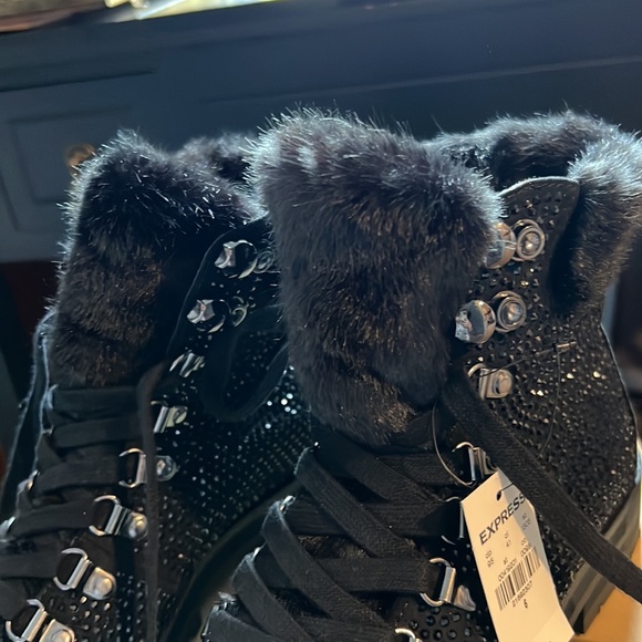 Express Black Sequin Combat Boots - Picture 5 of 9